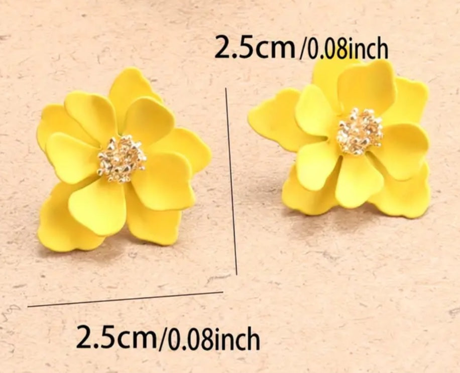 Enamel Floral Flower Multi-Layer Petal Design Yellow Metal Stud Earrings