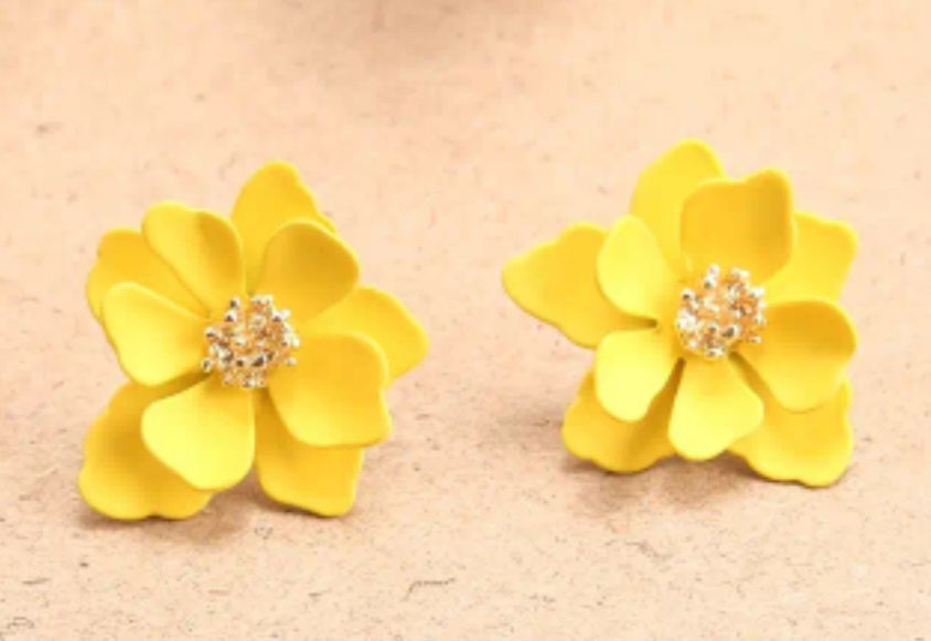 Enamel Floral Flower Multi-Layer Petal Design Yellow Metal Stud Earrings