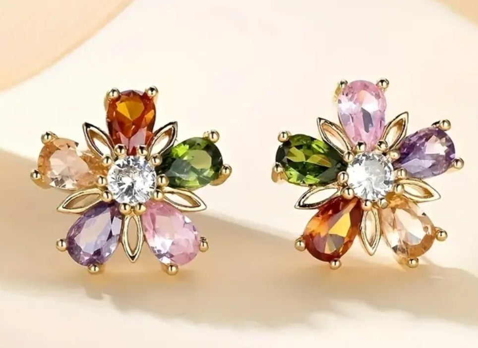 Floral Flower Colourful Petal Design Gold Plated Rhinestone Inlay Small Stud Earrings