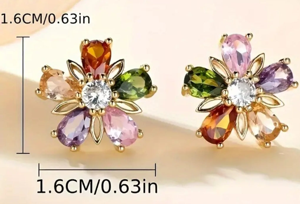 Floral Flower Colourful Petal Design Gold Plated Rhinestone Inlay Small Stud Earrings