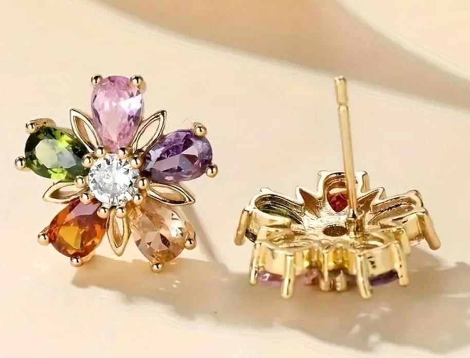 Floral Flower Colourful Petal Design Gold Plated Rhinestone Inlay Small Stud Earrings