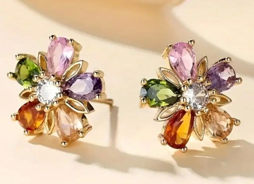 Floral Flower Colourful Petal Design Gold Plated Rhinestone Inlay Small Stud Earrings