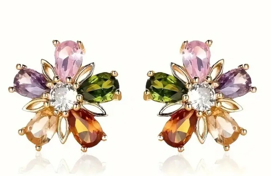 Floral Flower Colourful Petal Design Gold Plated Rhinestone Inlay Small Stud Earrings