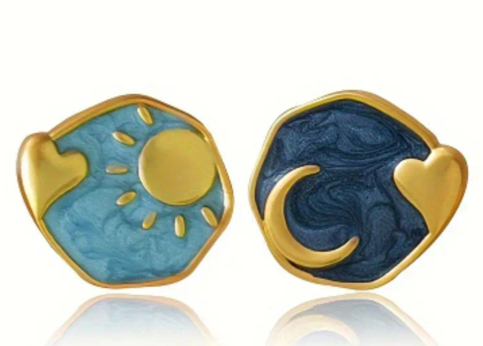 Cresent Moon Heart Sun Irregular Enamel Metal Small Stud Earrings