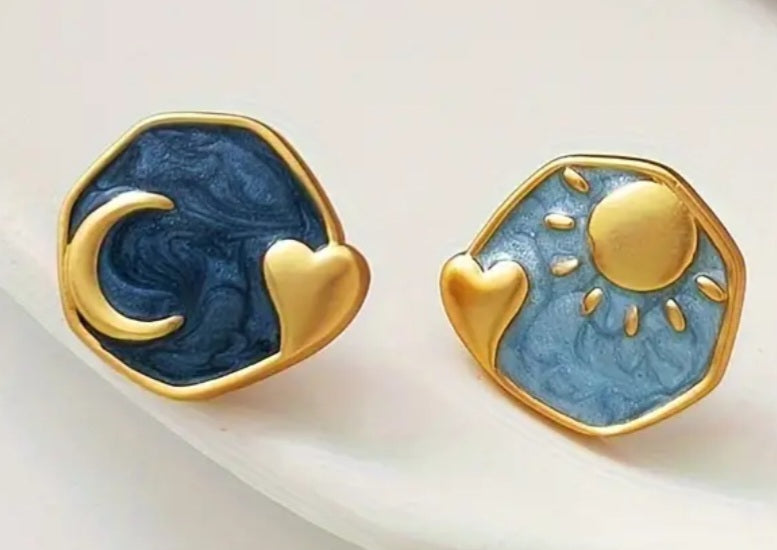 Cresent Moon Heart Sun Irregular Enamel Metal Small Stud Earrings