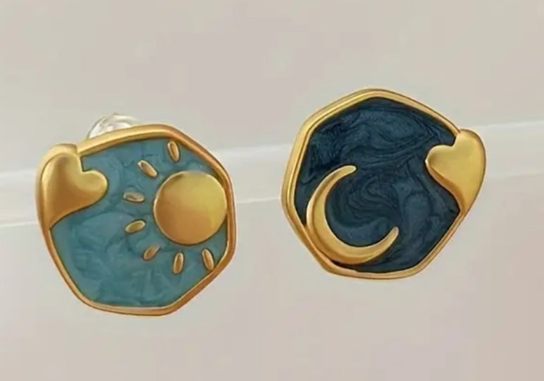 Cresent Moon Heart Sun Irregular Enamel Metal Small Stud Earrings