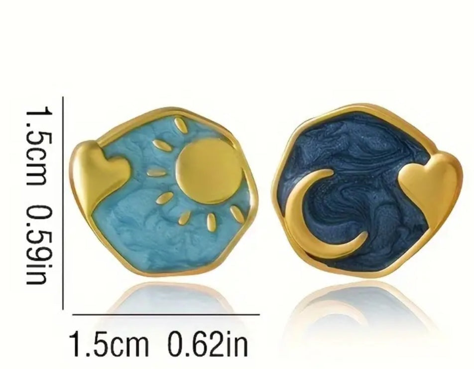 Cresent Moon Heart Sun Irregular Enamel Metal Small Stud Earrings