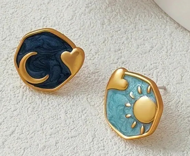 Cresent Moon Heart Sun Irregular Enamel Metal Small Stud Earrings