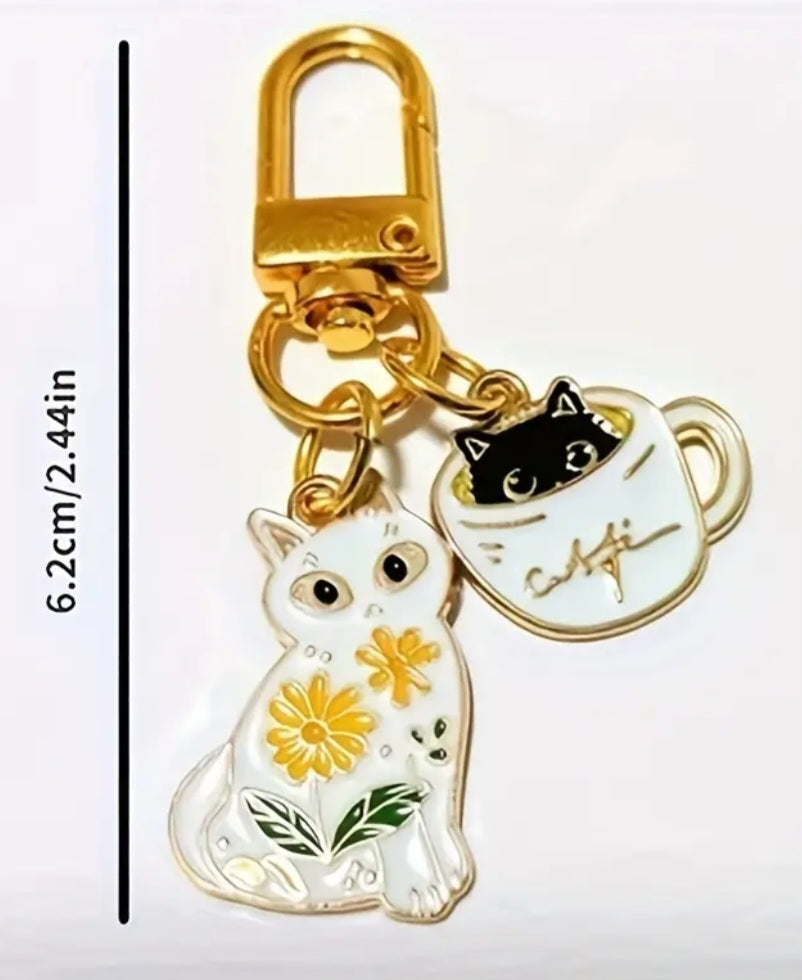 Cat Kitten Floral Design White Enamel Gold Plated Key Chain FOB Charm