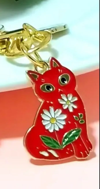 Cat Kitten Floral Design Red Enamel Gold Plated Key Chain FOB Charm