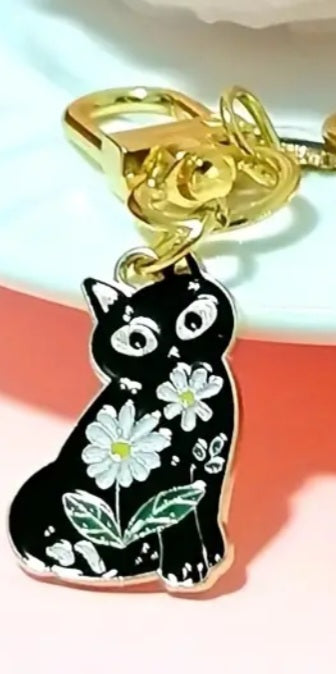 Cat Kitten Floral Design Black Enamel Gold Plated Key Chain FOB Charm