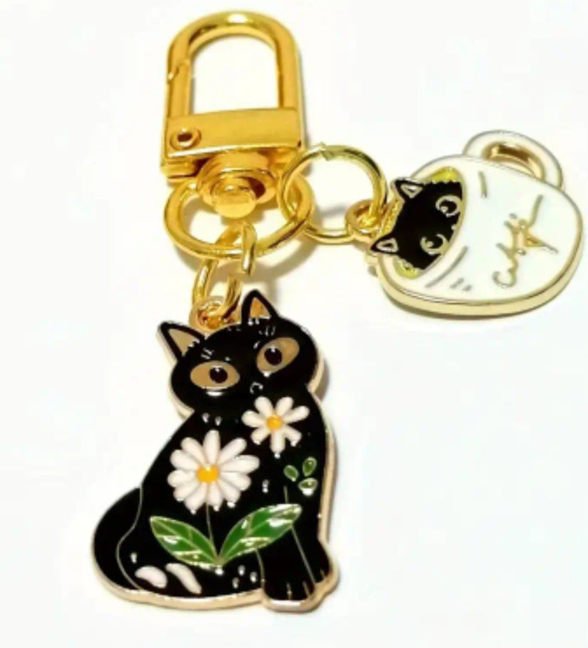 Cat Kitten Floral Design Black Enamel Gold Plated Key Chain FOB Charm