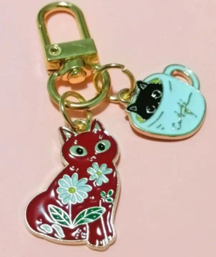 Cat Kitten Floral Design Red Enamel Gold Plated Key Chain FOB Charm