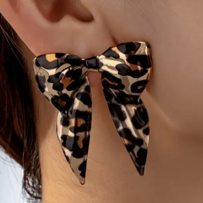 Bow Enamal Painted Metal Leopard Print Pin-Up Style Retro Extra Large Stud Earrings