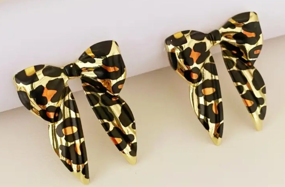 Bow Enamal Painted Metal Leopard Print Pin-Up Style Retro Extra Large Stud Earrings