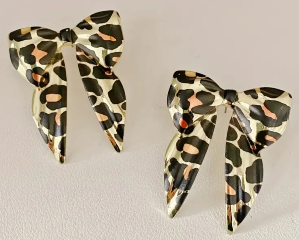 Bow Enamal Painted Metal Leopard Print Pin-Up Style Retro Extra Large Stud Earrings