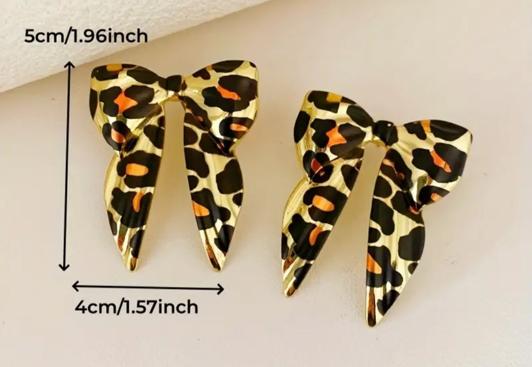 Bow Enamal Painted Metal Leopard Print Pin-Up Style Retro Extra Large Stud Earrings