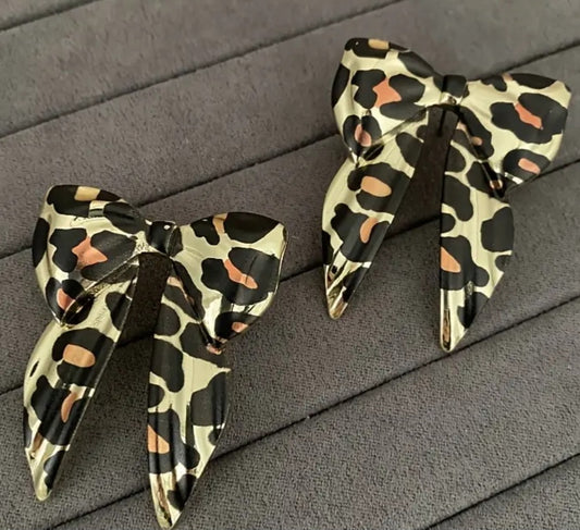 Bow Enamal Painted Metal Leopard Print Pin-Up Style Retro Extra Large Stud Earrings