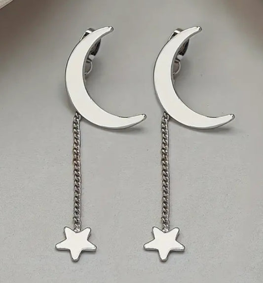 Cresent Moon Chain Star Drop Silver Plated Dangle Earrings