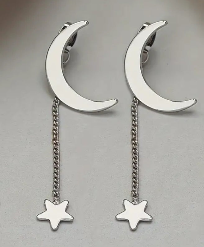 Cresent Moon Chain Star Drop Silver Plated Dangle Earrings