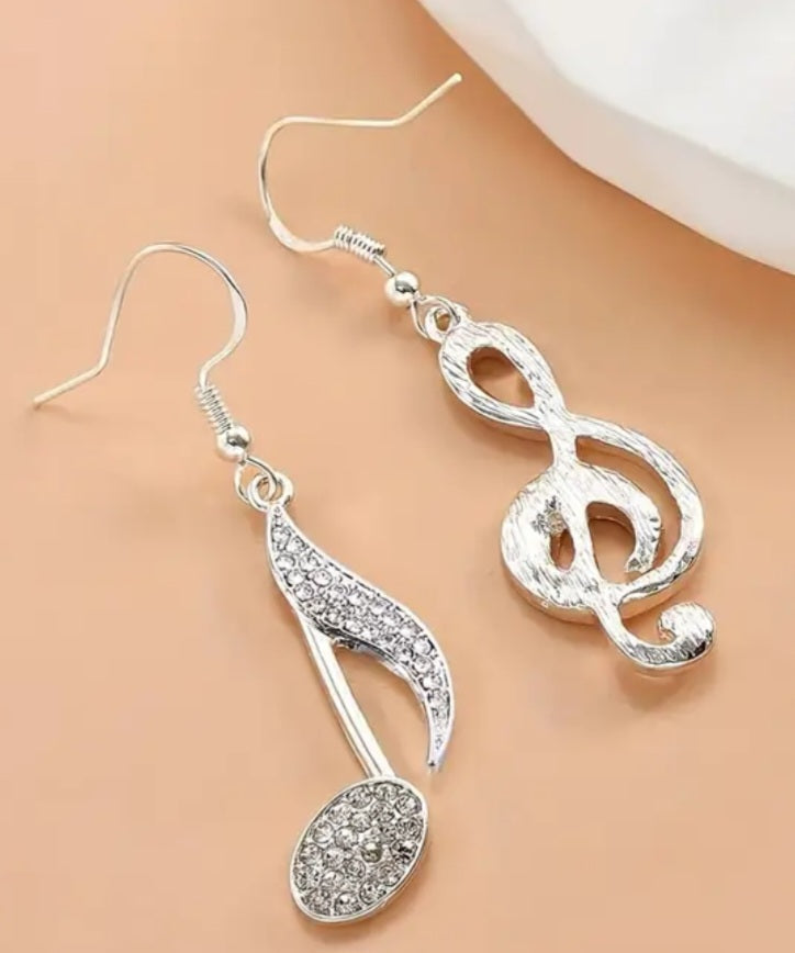 Bling Silver Plated Rhinestone Inlay Music Note Treble Clef Drop Dangle Earrings