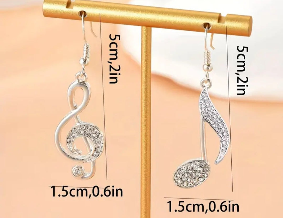 Bling Silver Plated Rhinestone Inlay Music Note Treble Clef Drop Dangle Earrings