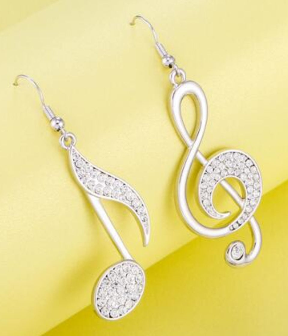 Bling Silver Plated Rhinestone Inlay Music Note Treble Clef Drop Dangle Earrings