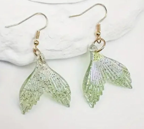 Acrylic Glitter Ocean Mermaid Tail Shimmer Design Pale Green Drop Dangle Earrings