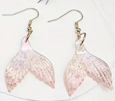 Acrylic Glitter Ocean Mermaid Tail Shimmer Design Pastel Pink Drop Dangle Earrings