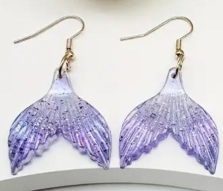 Acrylic Glitter Ocean Mermaid Tail Shimmer Design Purple Lilac Violet Drop Dangle Earrings