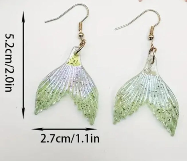 Acrylic Glitter Ocean Mermaid Tail Shimmer Design Pale Green Drop Dangle Earrings