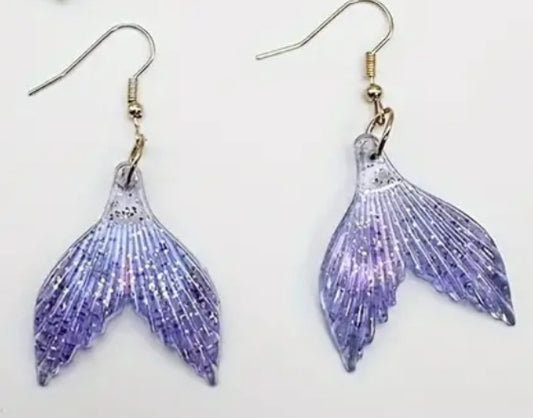 Acrylic Glitter Ocean Mermaid Tail Shimmer Design Purple Lilac Violet Drop Dangle Earrings