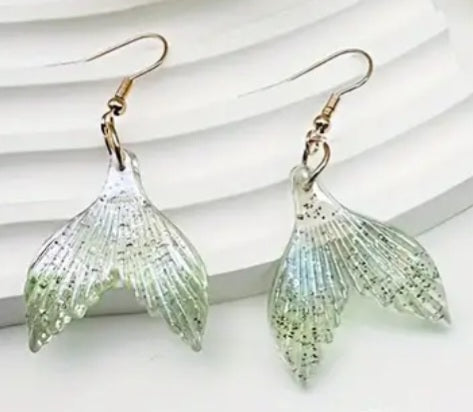 Acrylic Glitter Ocean Mermaid Tail Shimmer Design Pale Green Drop Dangle Earrings