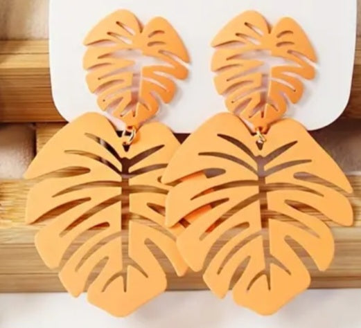 Colourful  Double Palm Leaf Tropical VayCay Enamel Painted Orange Large Iron Metal Drop Dangle Earrings