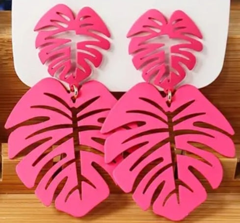 Colourful Double Palm Leaf Tropical VayCay Enamel Painted Hot Pink Large Iron Metal Drop Dangle Earrings