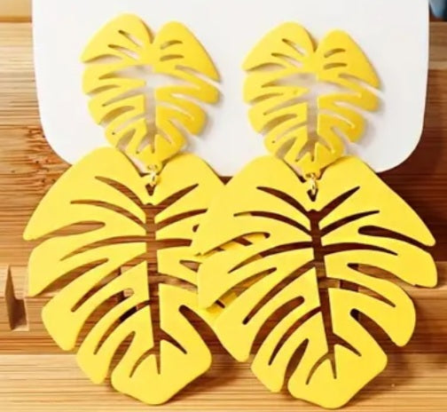 Colourful Double Palm Leaf Tropical VayCay Enamel Painted Yellow Large Iron Metal Drop Dangle Earrings