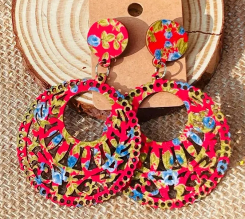 Boho Floral Flower Design Printed Red Lightweight Wooden Fancy Cut Out Circle Round Drop Dangle Earrings