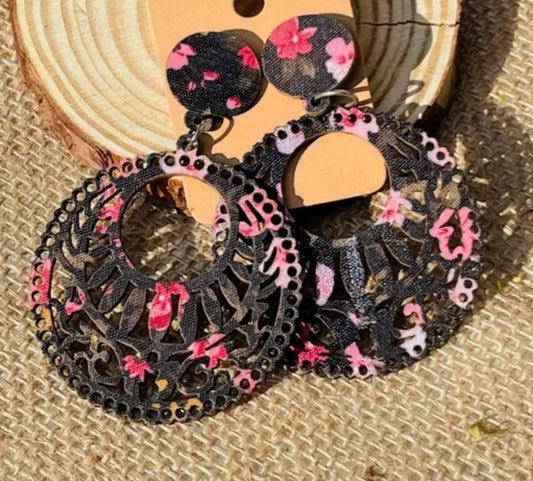 Boho Floral Flower Design Printed Black Lightweight Wooden Fancy Cut Out Circle Round Drop Dangle Earrings