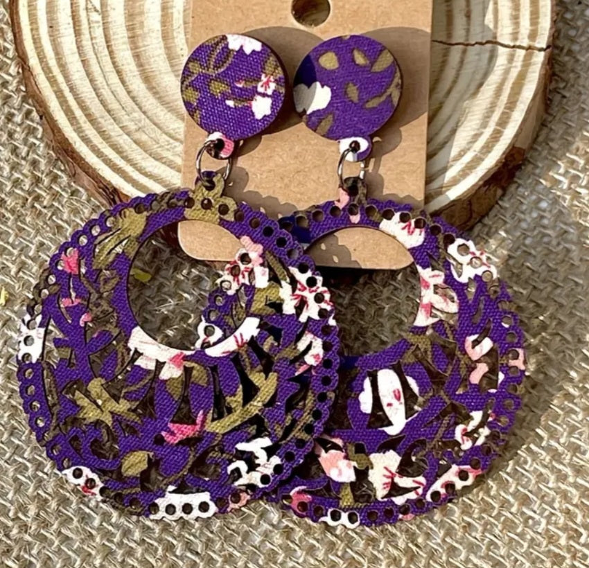 Boho Floral Flower Design Printed Purple Lightweight Wooden Fancy Cut Out Circle Round Drop Dangle Earrings