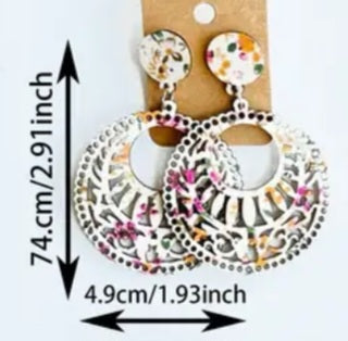 Boho Floral Flower Design Printed White Lightweight Wooden Fancy Cut Out Circle Round Drop Dangle Earrings