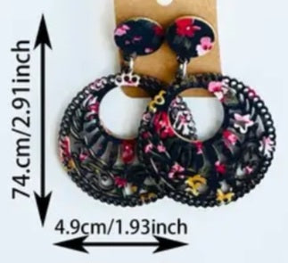 Boho Floral Flower Design Printed Black Lightweight Wooden Fancy Cut Out Circle Round Drop Dangle Earrings