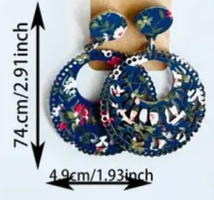 Boho Floral Flower Design Printed Royal Blue Lightweight Wooden Fancy Cut Out Circle Round Drop Dangle Earrings