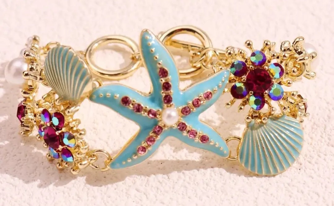 Aqua Blue Enamel Painted Extra Large Gold Plated Rhinestone Inlay Ocean Shell Star Fish Design Bracelet Anklet