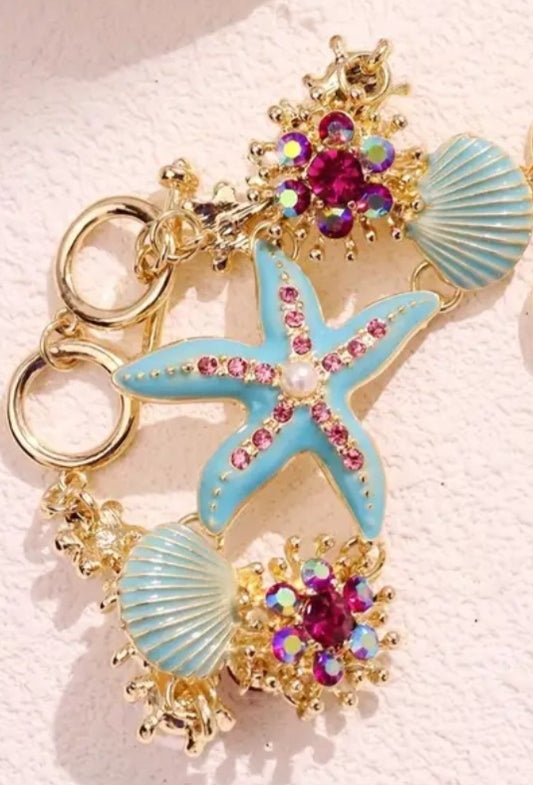 Aqua Blue Enamel Painted Extra Large Gold Plated Rhinestone Inlay Ocean Shell Star Fish Design Bracelet Anklet