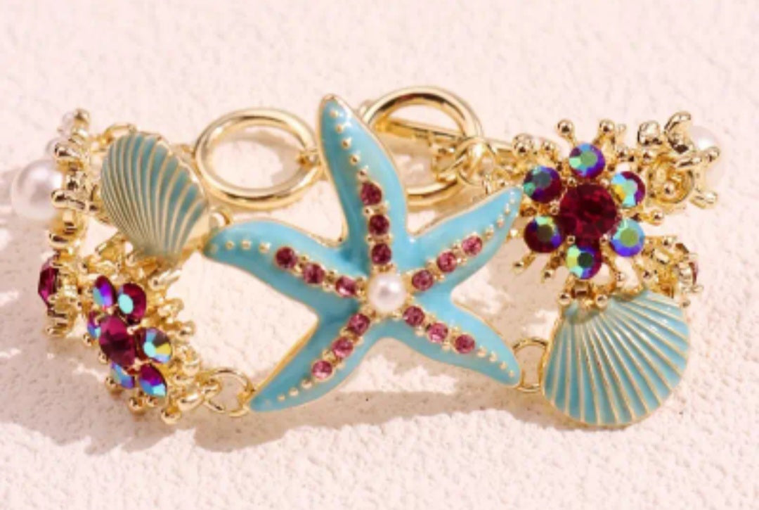 Aqua Blue Enamel Painted Extra Large Gold Plated Rhinestone Inlay Ocean Shell Star Fish Design Bracelet Anklet