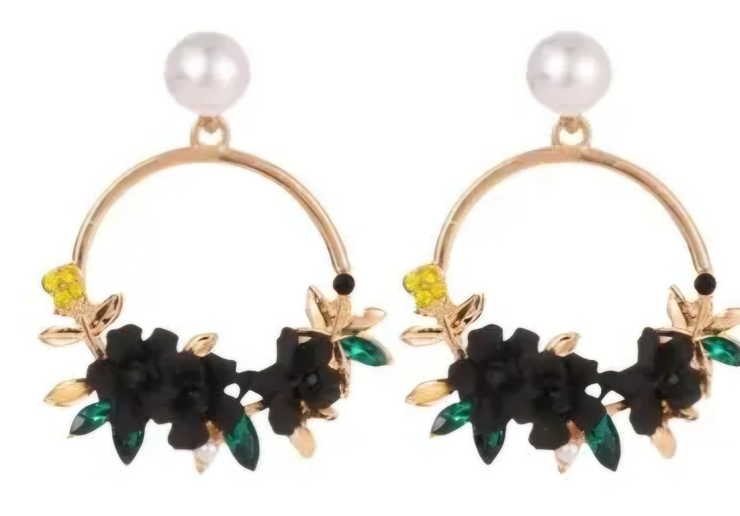 Floral Flower Basket Circle Black Blooms Ring Gold Plated Faux Pearl Rhinestone Drop Earrings