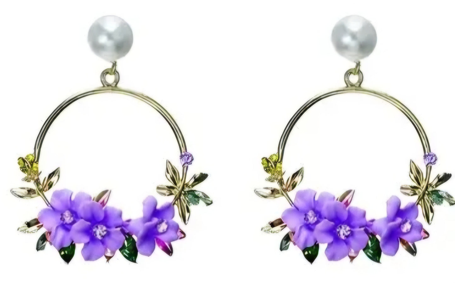 Floral Flower Basket Circle Lilac Purple Violet Blooms Ring Gold Plated Faux Pearl Rhinestone Drop Earrings