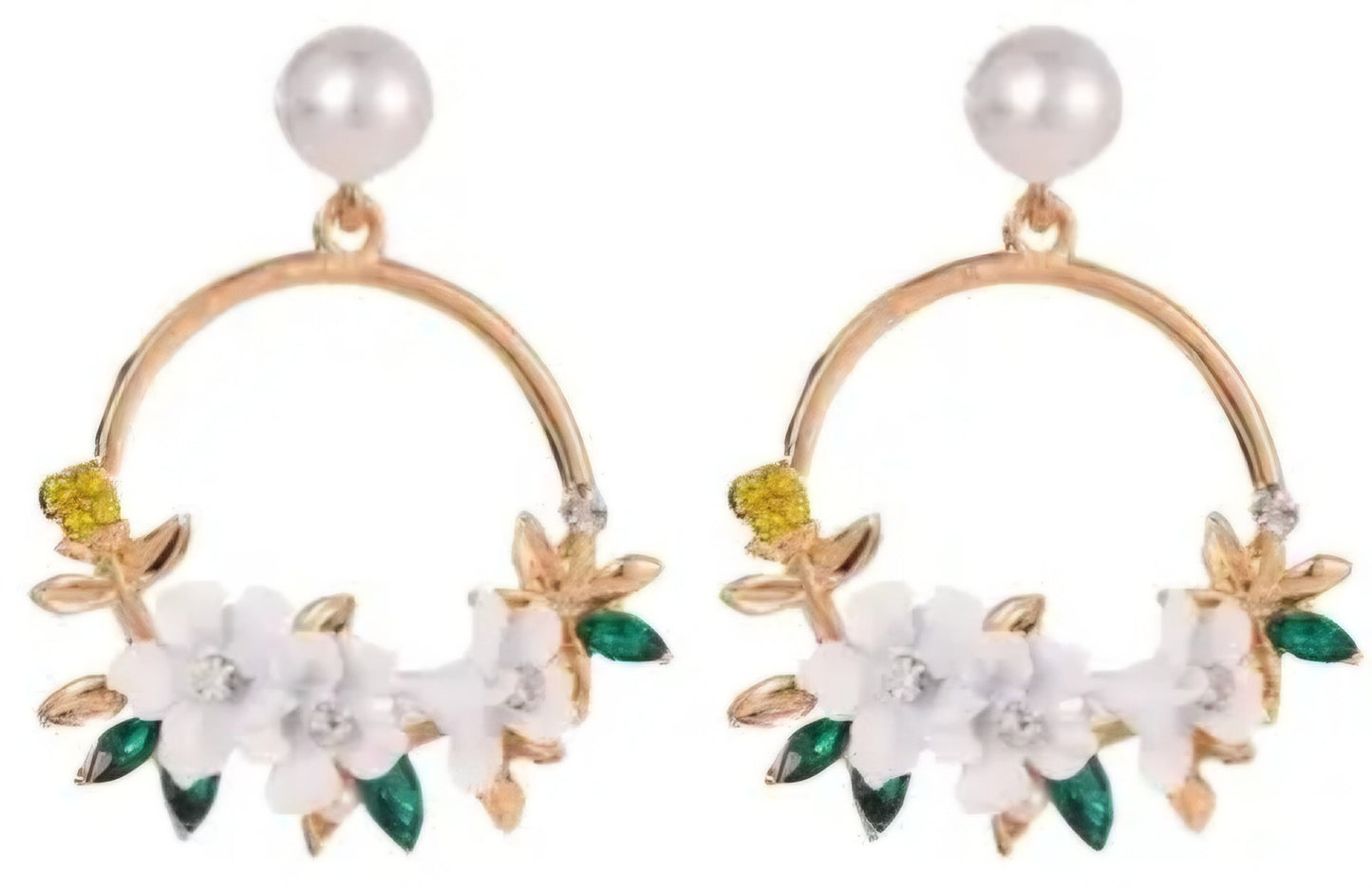 Floral Flower Basket Circle White Blooms Ring Gold Plated Faux Pearl Rhinestone Drop Earrings