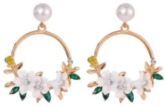 Floral Flower Basket Circle White Blooms Ring Gold Plated Faux Pearl Rhinestone Drop Earrings