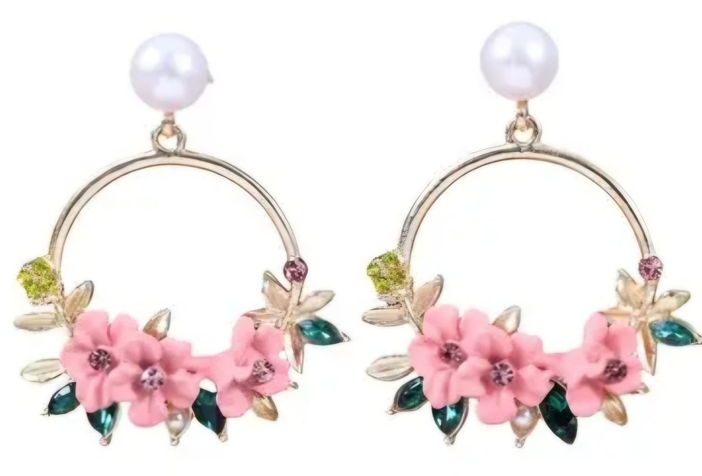 Floral Flower Basket Circle Pink Blooms Ring Gold Plated Faux Pearl Rhinestone Drop Earrings